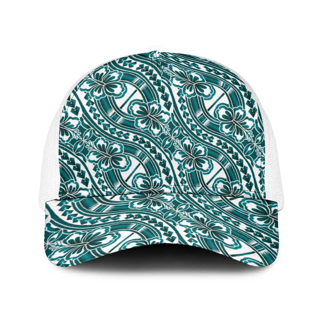 Hibiscus Bloom Island Tribal Waves Baseball Net Cap Teal Polynesian Pattern LT01 One Size White Teal - Polynesian Pride