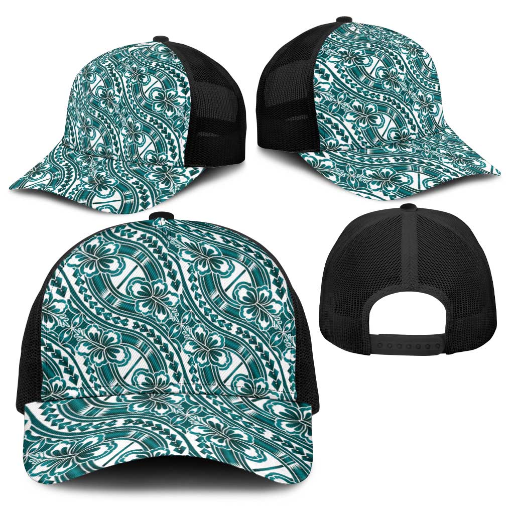 Hibiscus Bloom Island Tribal Waves Baseball Net Cap Teal Polynesian Pattern LT01 - Polynesian Pride