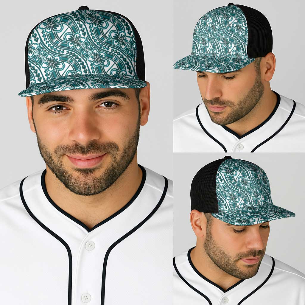 Hibiscus Bloom Island Tribal Waves Baseball Net Cap Teal Polynesian Pattern LT01 - Polynesian Pride