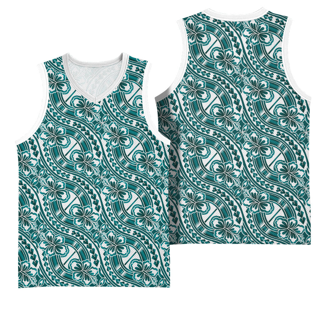 Hibiscus Bloom Island Tribal Waves Basketball Jersey Teal Polynesian Pattern LT01 - Polynesian Pride