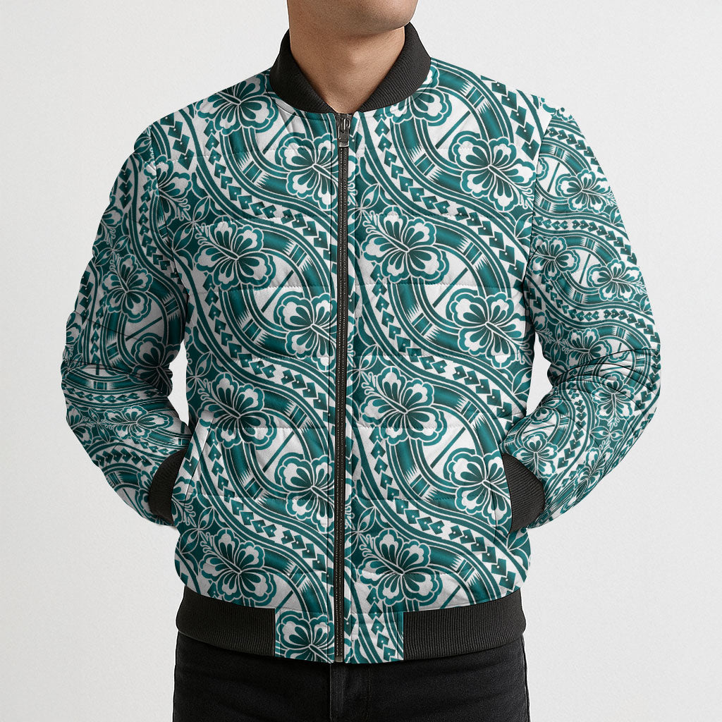 Hibiscus Bloom Island Tribal Waves Bomber Puffer Jacket Teal Polynesian Pattern LT01 - Polynesian Pride