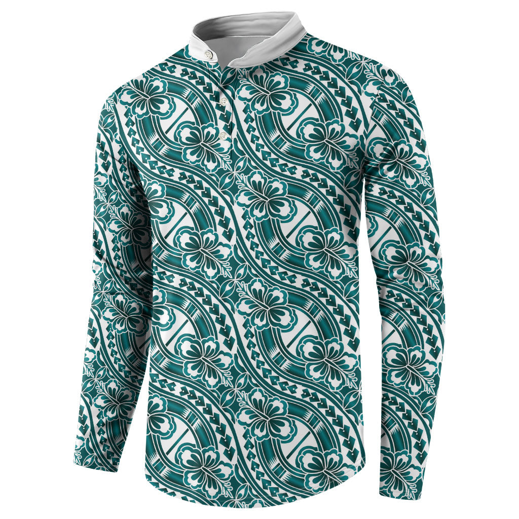 Hibiscus Bloom Island Tribal Waves Button Sweatshirt Teal Polynesian Pattern LT01 - Polynesian Pride