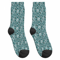 Hibiscus Bloom Island Tribal Waves Crew Socks Teal Polynesian Pattern LT01 - Polynesian Pride