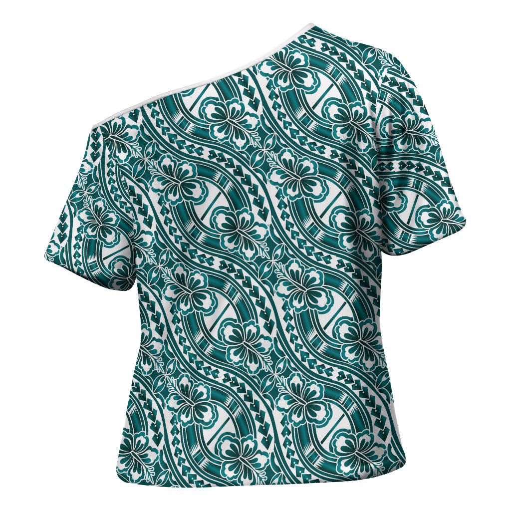 Hibiscus Bloom Island Tribal Waves Cross Shoulder Shirt Teal Polynesian Pattern LT01 - Polynesian Pride