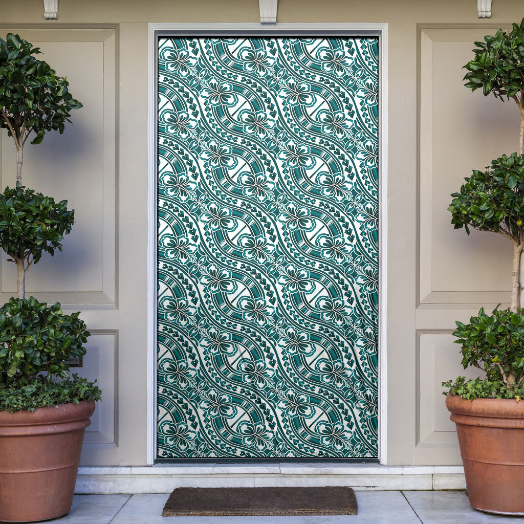 Hibiscus Bloom Island Tribal Waves Door Cover Teal Polynesian Pattern LT01 Teal - Polynesian Pride