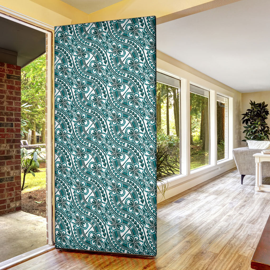 Hibiscus Bloom Island Tribal Waves Door Cover Teal Polynesian Pattern LT01 - Polynesian Pride