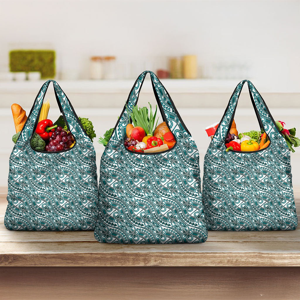 Hibiscus Bloom Island Tribal Waves Grocery Bag Teal Polynesian Pattern LT01 3-pack One Size Teal - Polynesian Pride