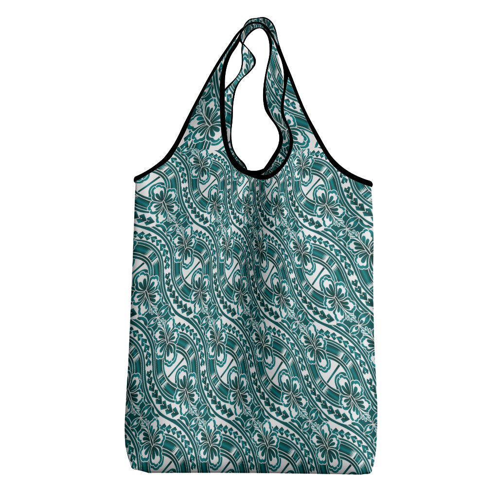 Hibiscus Bloom Island Tribal Waves Grocery Bag Teal Polynesian Pattern LT01 - Polynesian Pride