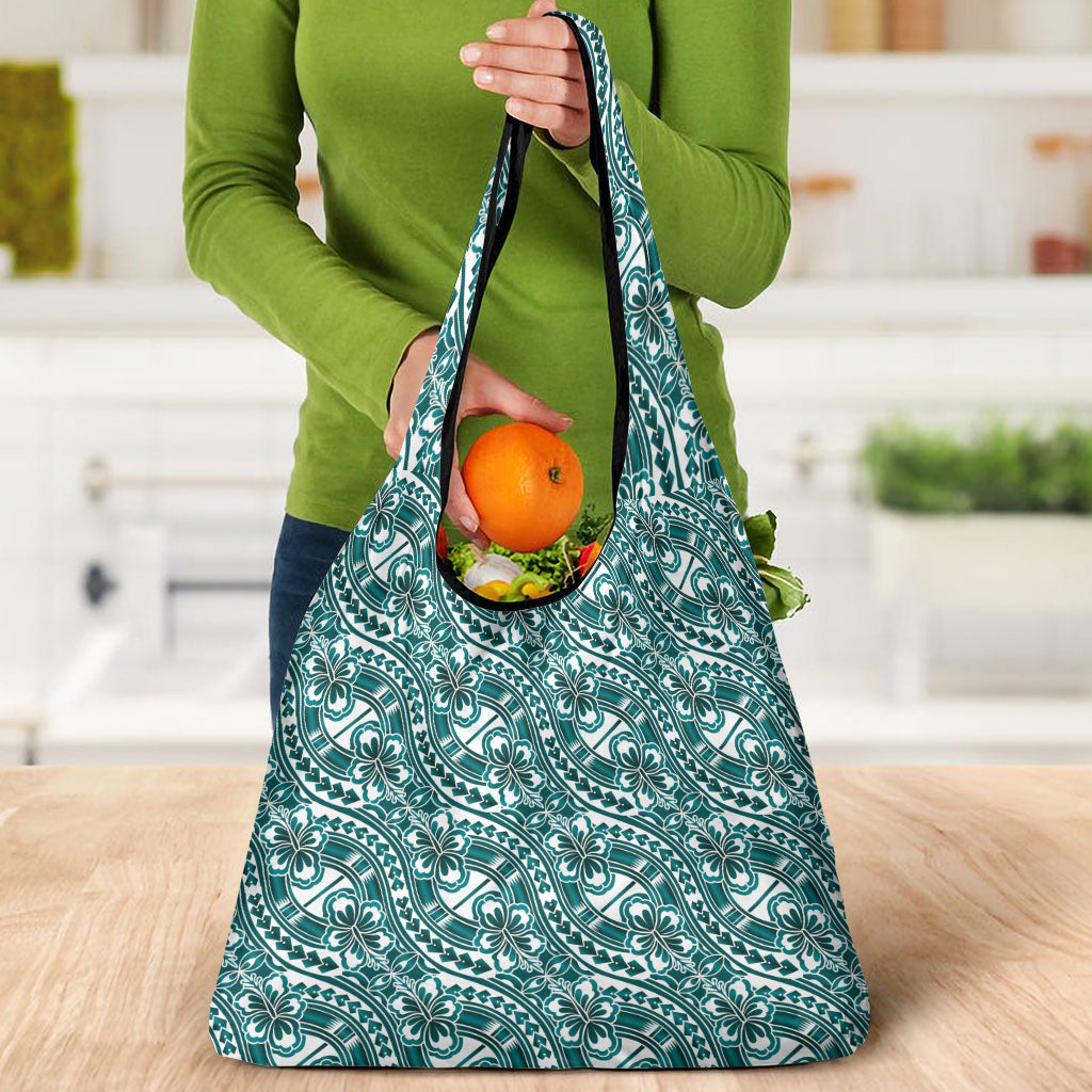 Hibiscus Bloom Island Tribal Waves Grocery Bag Teal Polynesian Pattern LT01 - Polynesian Pride
