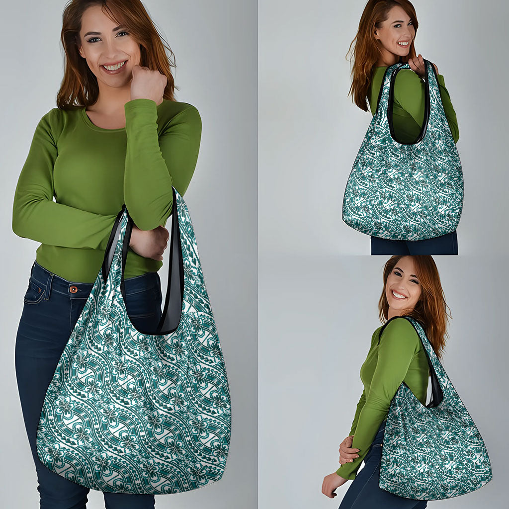 Hibiscus Bloom Island Tribal Waves Grocery Bag Teal Polynesian Pattern LT01 - Polynesian Pride