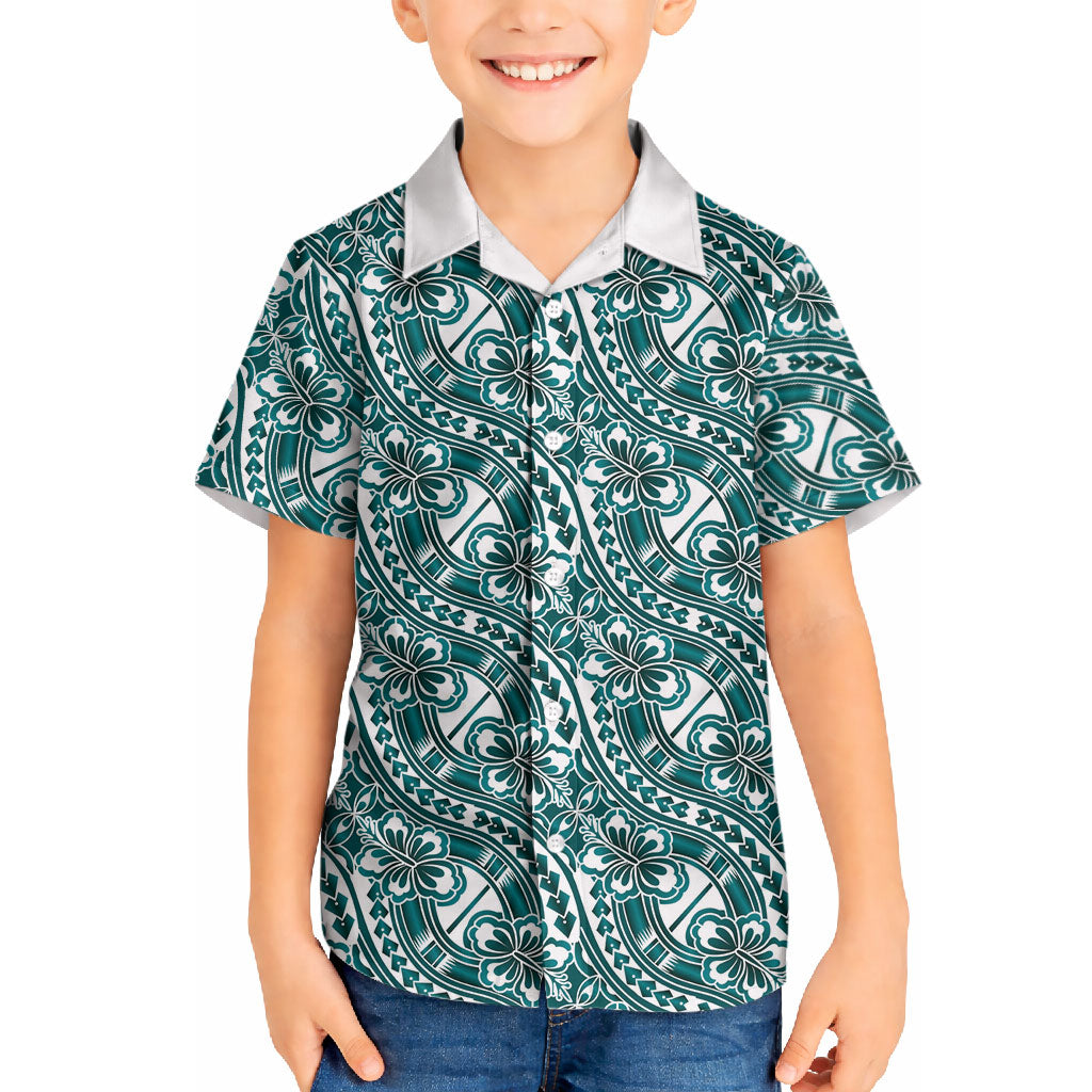 Hibiscus Bloom Island Tribal Waves Hawaiian Shirt Teal Polynesian Pattern LT01 - Polynesian Pride