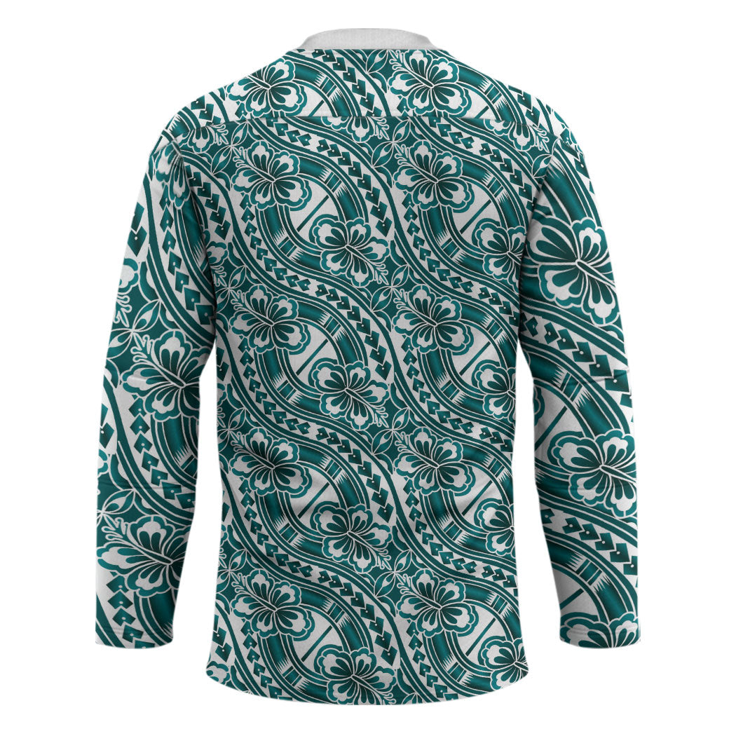 Hibiscus Bloom Island Tribal Waves Hockey Jersey Teal Polynesian Pattern LT01 - Polynesian Pride