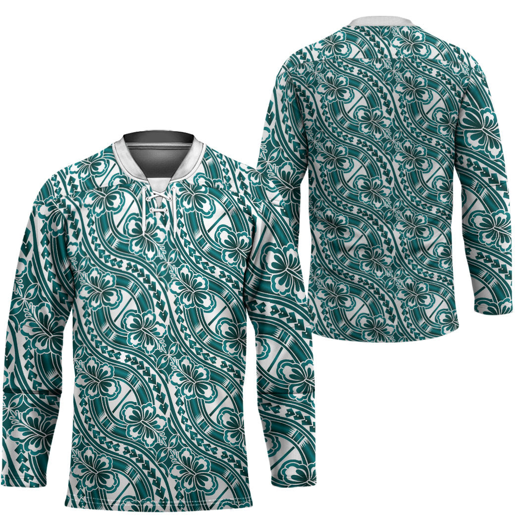 Hibiscus Bloom Island Tribal Waves Hockey Jersey Teal Polynesian Pattern LT01 - Polynesian Pride