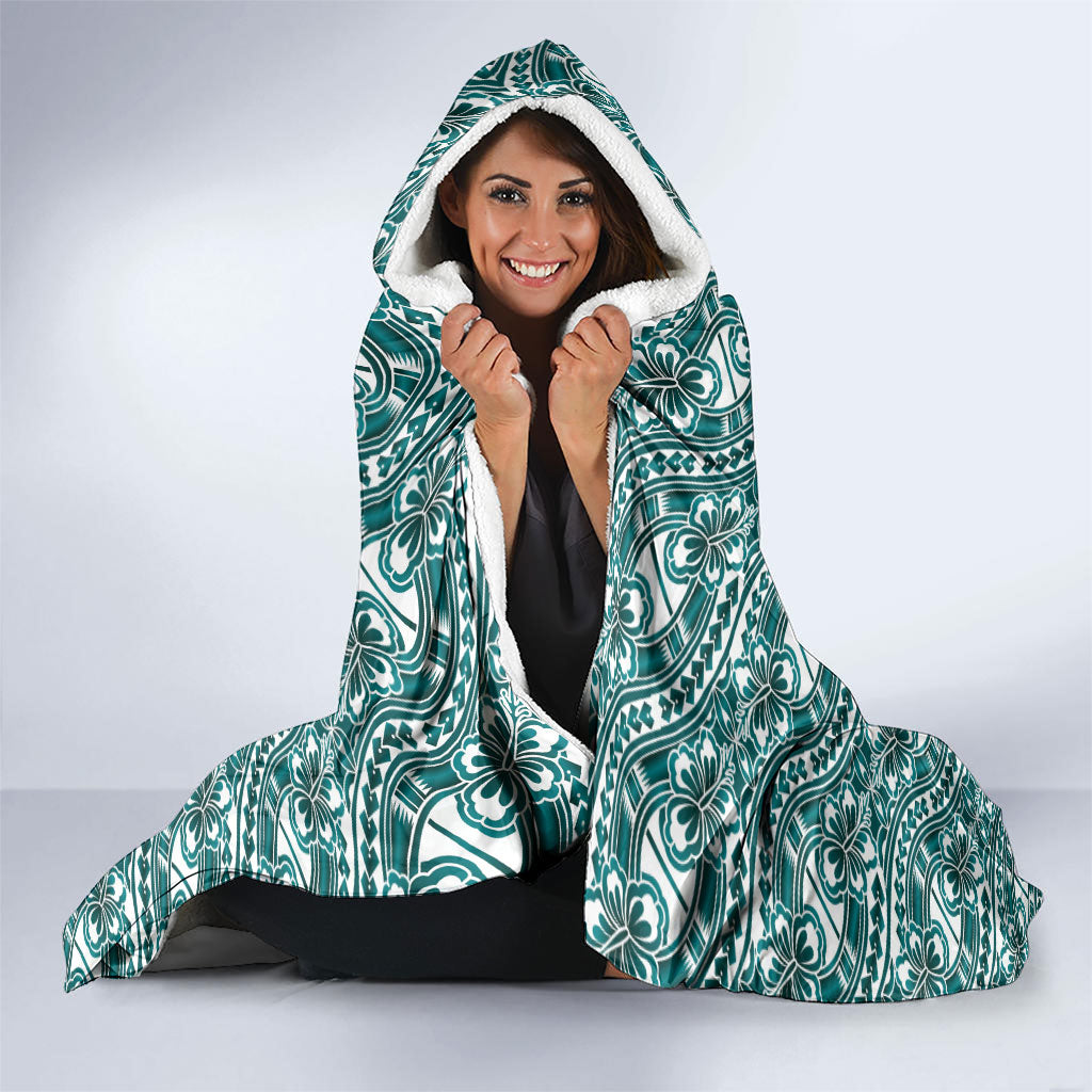 Hibiscus Bloom Island Tribal Waves Hooded Blanket Teal Polynesian Pattern LT01 - Polynesian Pride