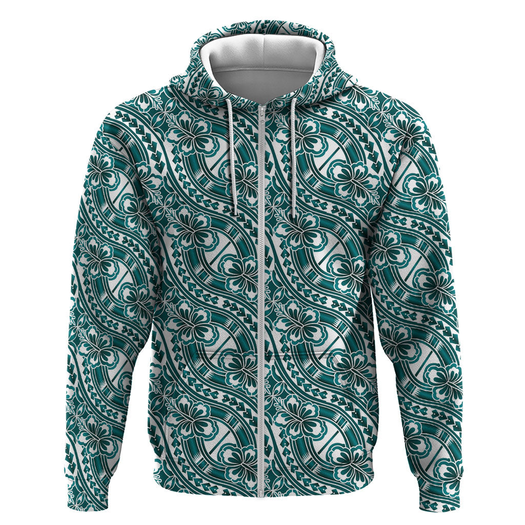 Hibiscus Bloom Island Tribal Waves Hoodie Teal Polynesian Pattern LT01 Zip Hoodie Teal - Polynesian Pride