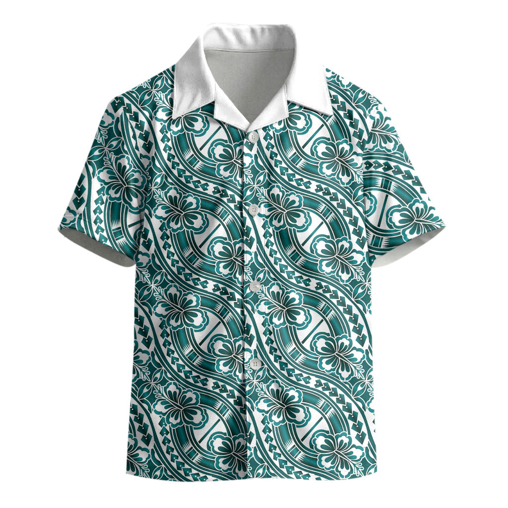 Hibiscus Bloom Island Tribal Waves Kid Hawaiian Shirt Teal Polynesian Pattern LT01 - Polynesian Pride