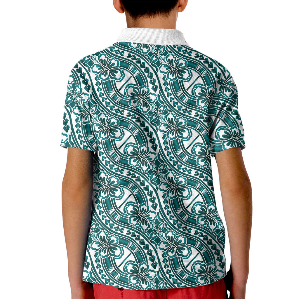 Hibiscus Bloom Island Tribal Waves Kid Polo Shirt Teal Polynesian Pattern LT01 - Polynesian Pride