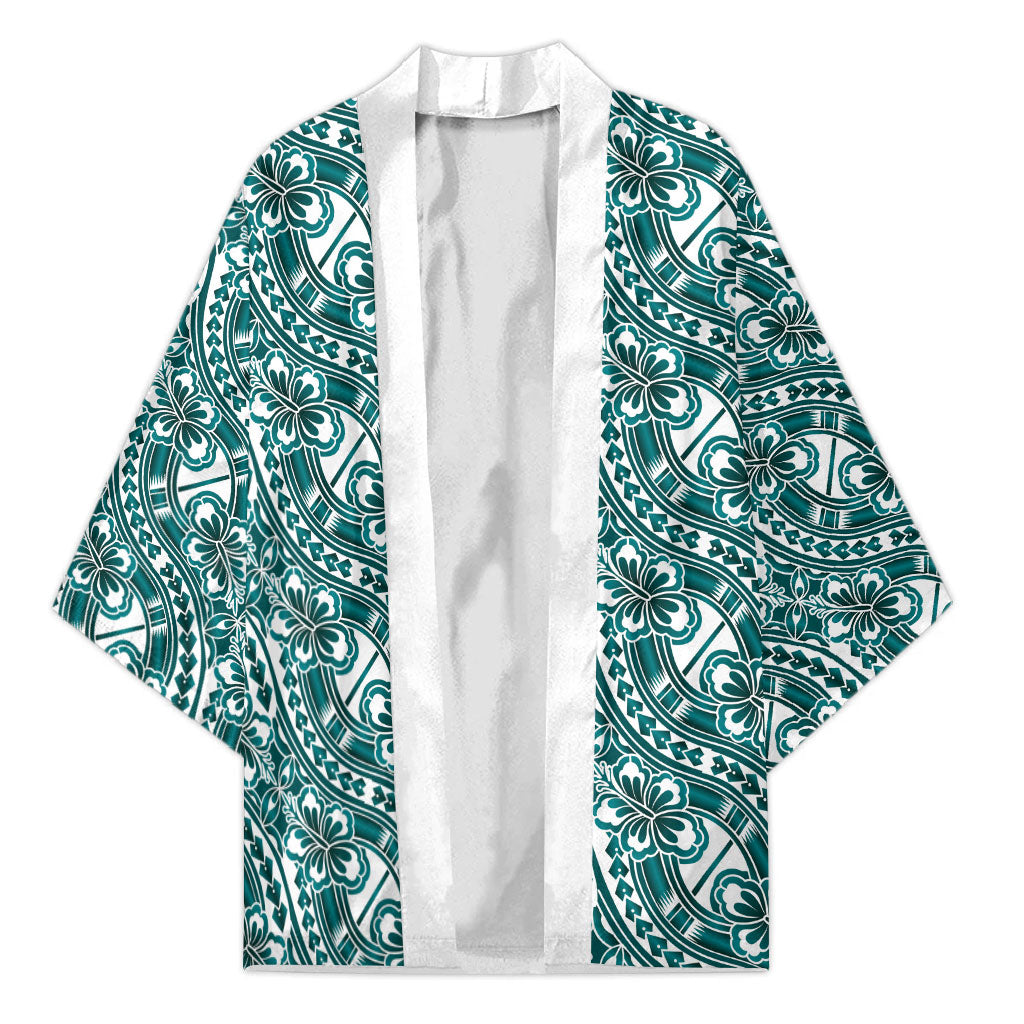 Hibiscus Bloom Island Tribal Waves Kimono Teal Polynesian Pattern LT01 Unisex Teal - Polynesian Pride