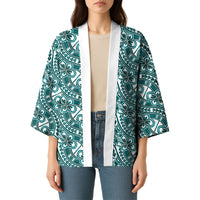 Hibiscus Bloom Island Tribal Waves Kimono Teal Polynesian Pattern LT01 - Polynesian Pride