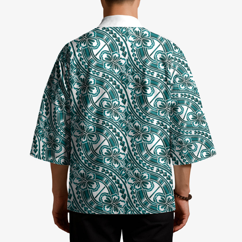 Hibiscus Bloom Island Tribal Waves Kimono Teal Polynesian Pattern LT01 - Polynesian Pride