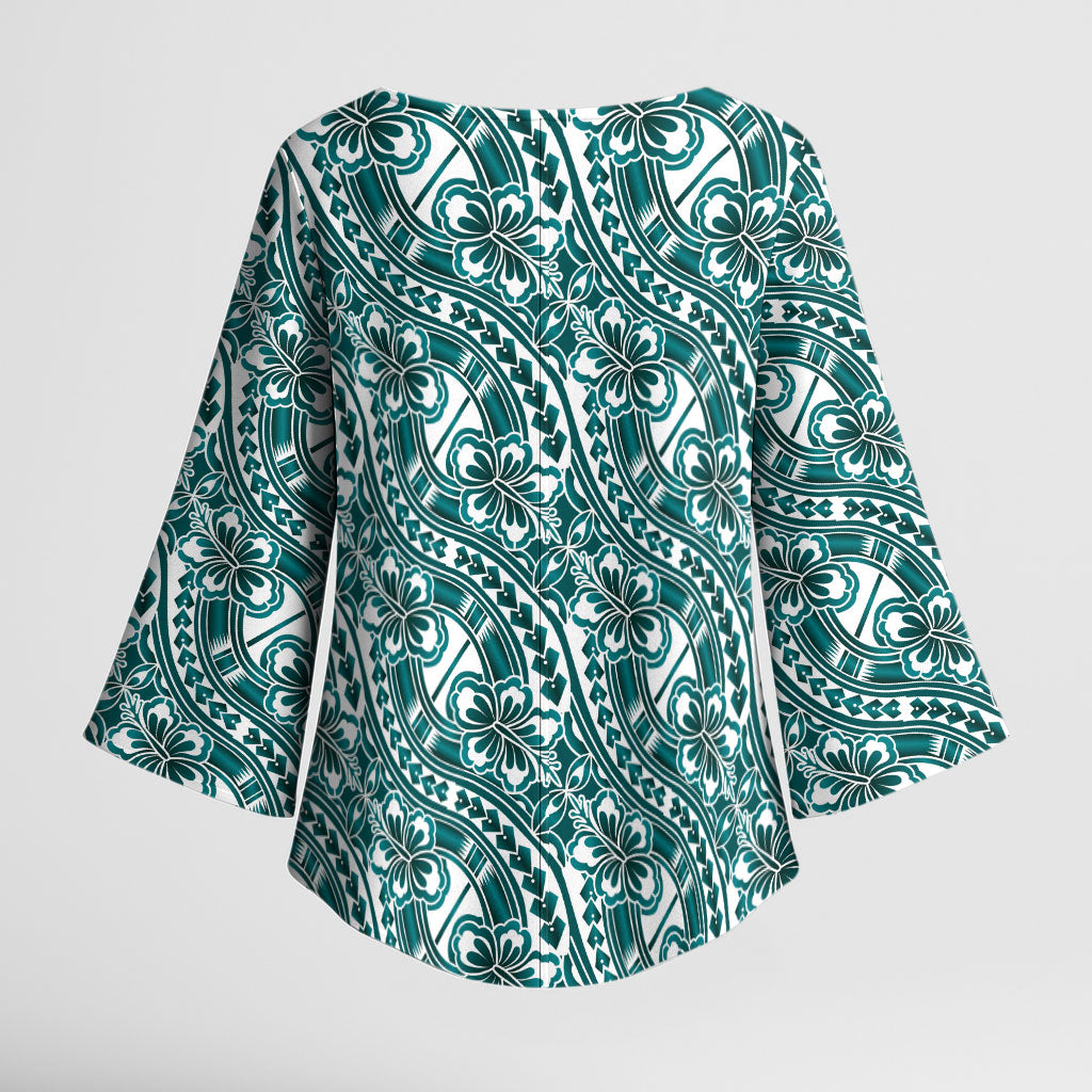 Hibiscus Bloom Island Tribal Waves Kimono Sleeve Blouse Teal Polynesian Pattern LT01 - Polynesian Pride