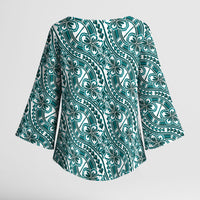 Hibiscus Bloom Island Tribal Waves Kimono Sleeve Blouse Teal Polynesian Pattern LT01 - Polynesian Pride