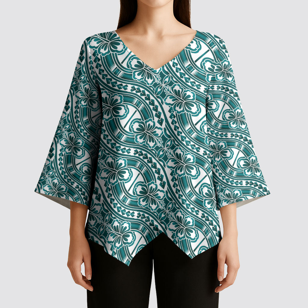 Hibiscus Bloom Island Tribal Waves Kimono Sleeve Blouse Teal Polynesian Pattern LT01 - Polynesian Pride