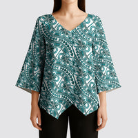 Hibiscus Bloom Island Tribal Waves Kimono Sleeve Blouse Teal Polynesian Pattern LT01 - Polynesian Pride