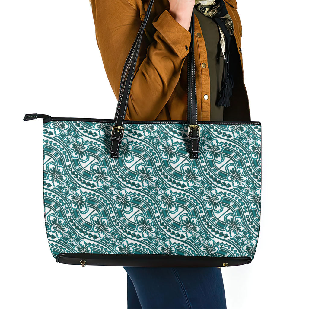 Hibiscus Bloom Island Tribal Waves Leather Tote Bag Teal Polynesian Pattern LT01 - Polynesian Pride