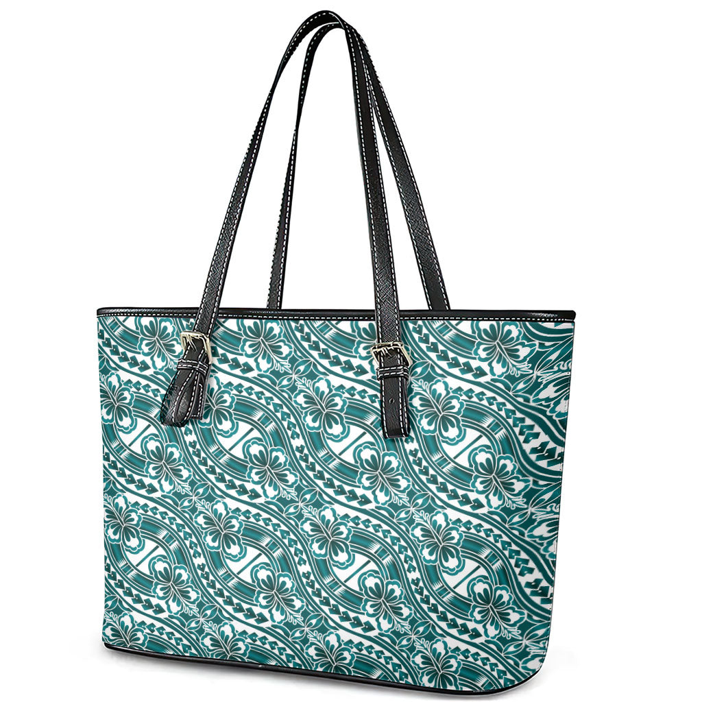 Hibiscus Bloom Island Tribal Waves Leather Tote Bag Teal Polynesian Pattern LT01 - Polynesian Pride
