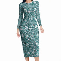 Hibiscus Bloom Island Tribal Waves Long Sleeve Bodycon Dress Teal Polynesian Pattern LT01 Long Dress Teal - Polynesian Pride