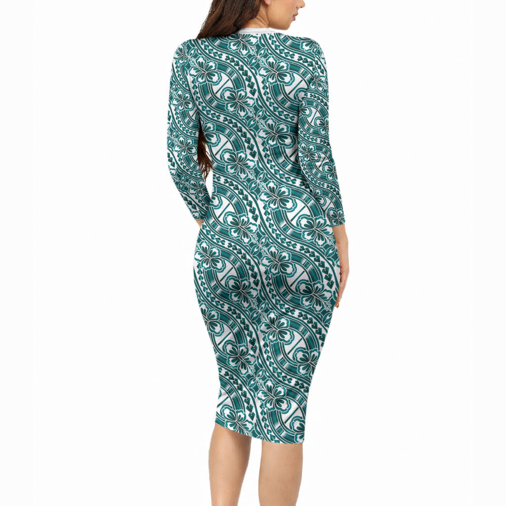 Hibiscus Bloom Island Tribal Waves Long Sleeve Bodycon Dress Teal Polynesian Pattern LT01 - Polynesian Pride