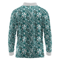 Hibiscus Bloom Island Tribal Waves Long Sleeve Polo Shirt Teal Polynesian Pattern LT01 - Polynesian Pride