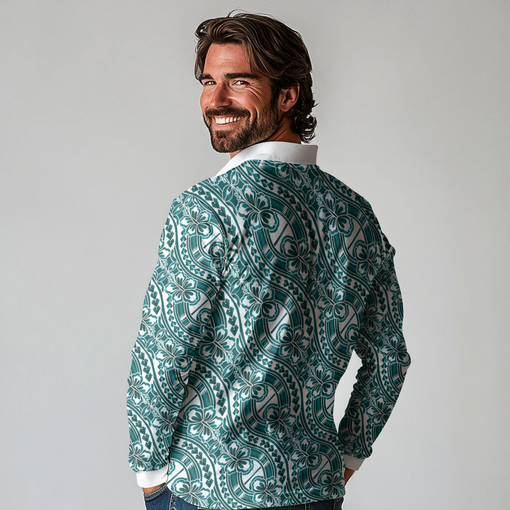 Hibiscus Bloom Island Tribal Waves Long Sleeve Polo Shirt Teal Polynesian Pattern LT01 - Polynesian Pride