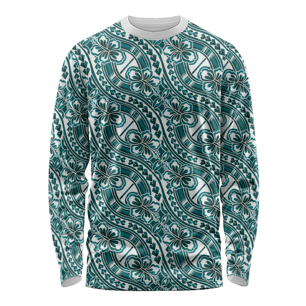 Hibiscus Bloom Island Tribal Waves Long Sleeve Shirt Teal Polynesian Pattern LT01 Unisex Teal - Polynesian Pride