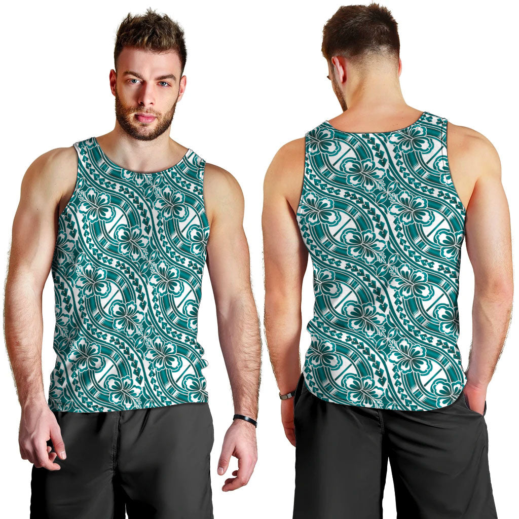 Hibiscus Bloom Island Tribal Waves Men Tank Top Teal Polynesian Pattern LT01 - Polynesian Pride