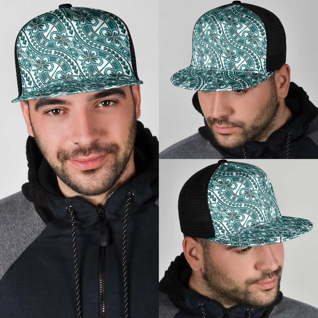 Hibiscus Bloom Island Tribal Waves Mesh Trucker Cap Teal Polynesian Pattern LT01 - Polynesian Pride