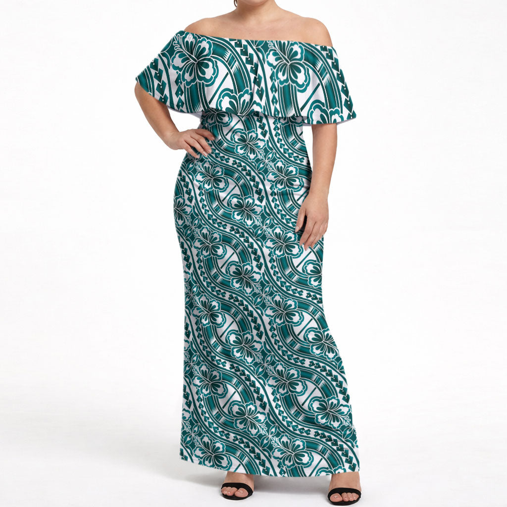 Hibiscus Bloom Island Tribal Waves Off Shoulder Maxi Dress Teal Polynesian Pattern LT01 Women Teal - Polynesian Pride