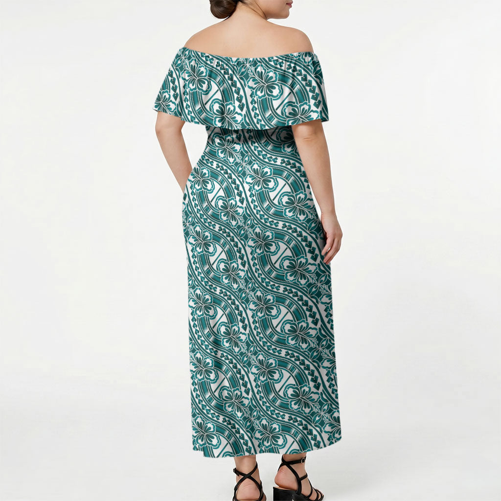 Hibiscus Bloom Island Tribal Waves Off Shoulder Maxi Dress Teal Polynesian Pattern LT01 - Polynesian Pride