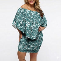 Hibiscus Bloom Island Tribal Waves Off Shoulder Short Dress Teal Polynesian Pattern LT01 Women Teal - Polynesian Pride