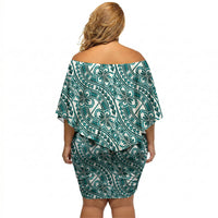Hibiscus Bloom Island Tribal Waves Off Shoulder Short Dress Teal Polynesian Pattern LT01 - Polynesian Pride