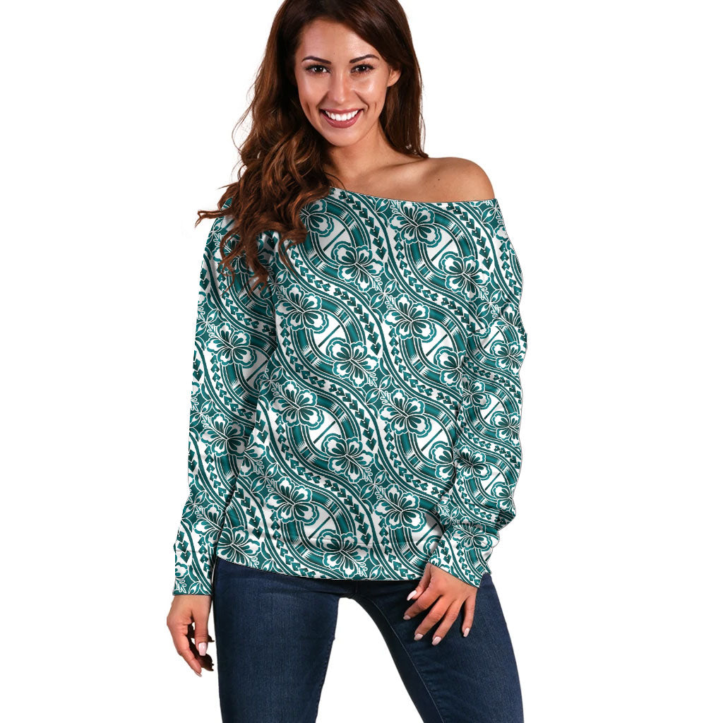 Hibiscus Bloom Island Tribal Waves Off Shoulder Sweater Teal Polynesian Pattern LT01 Women Teal - Polynesian Pride