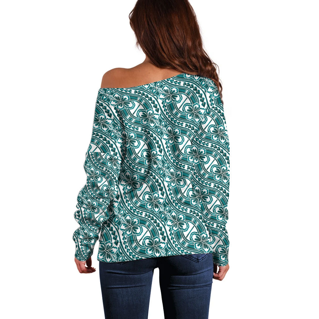 Hibiscus Bloom Island Tribal Waves Off Shoulder Sweater Teal Polynesian Pattern LT01 - Polynesian Pride