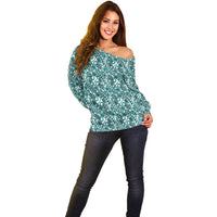 Hibiscus Bloom Island Tribal Waves Off Shoulder Sweater Teal Polynesian Pattern LT01 - Polynesian Pride