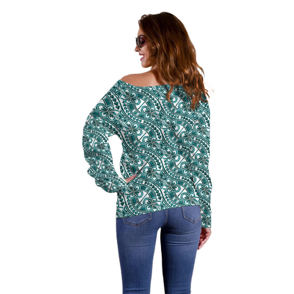 Hibiscus Bloom Island Tribal Waves Off Shoulder Sweater Teal Polynesian Pattern LT01 - Polynesian Pride