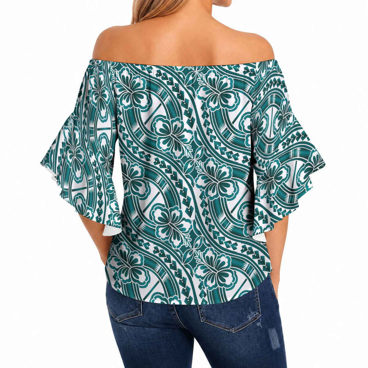 Hibiscus Bloom Island Tribal Waves Off Shoulder Wrap Waist Top Teal Polynesian Pattern LT01 - Polynesian Pride