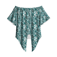 Hibiscus Bloom Island Tribal Waves Off Shoulder Wrap Waist Top Teal Polynesian Pattern LT01 - Polynesian Pride