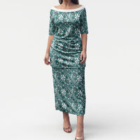 Hibiscus Bloom Island Tribal Waves Puletasi Teal Polynesian Pattern LT01 Long Dress Teal - Polynesian Pride