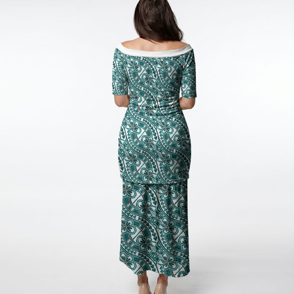 Hibiscus Bloom Island Tribal Waves Puletasi Teal Polynesian Pattern LT01 - Polynesian Pride