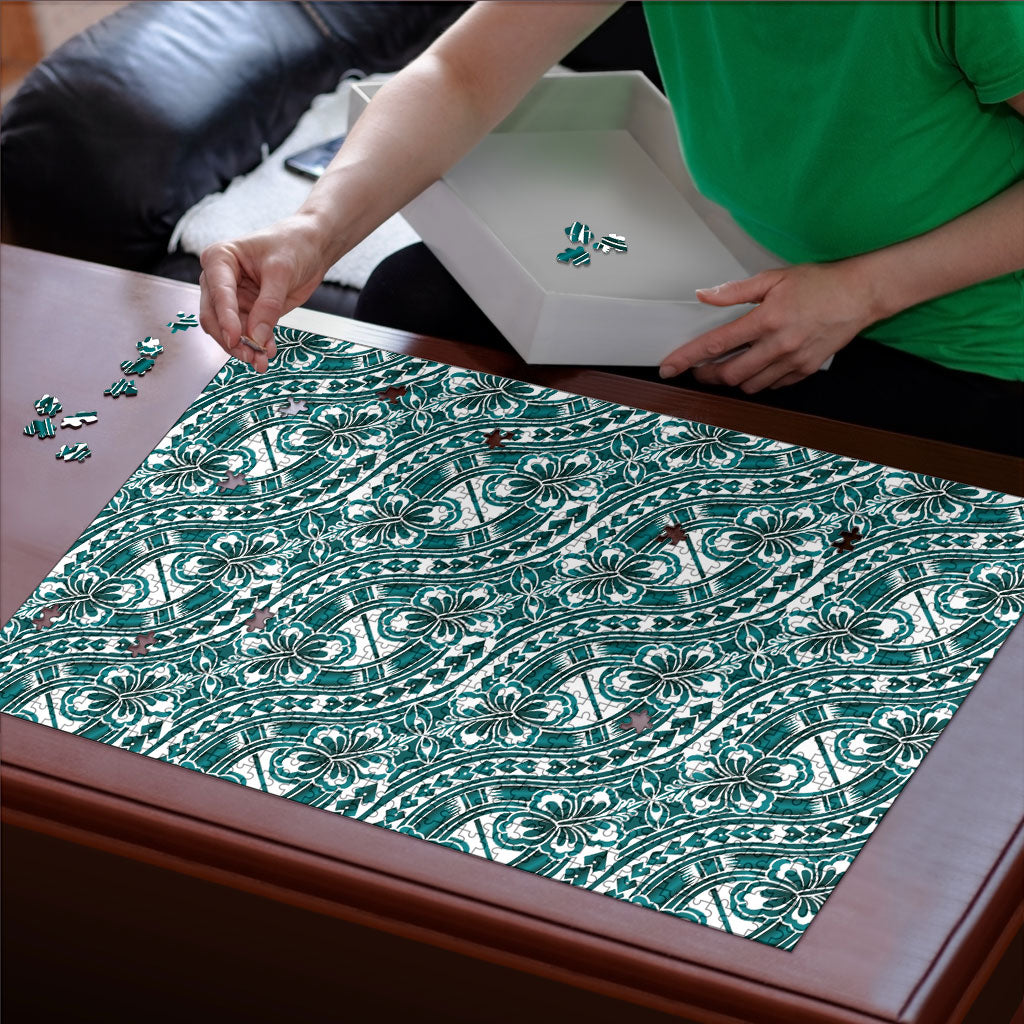 Hibiscus Bloom Island Tribal Waves Puzzle Teal Polynesian Pattern LT01 - Polynesian Pride